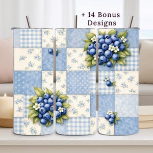 Diseño de vaso con estampado de bayas, 20 oz PNG, arándanos, estilo cottagecore, patchwork, diseño de sublimación, descarga digital