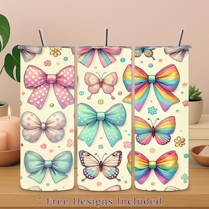 Envoltura para vaso Coquette Bows de 20 oz con diseño de mariposas pastel en PNG, patrón de arcoíris, ilustración de acuarela, mariposa linda, regalo para niña