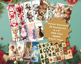 May include: A collection of 20 Christmas-themed bookmarks, each 2 x 6 inches, featuring festive illustrations of animals, angels, and holiday decorations. The bookmarks are arranged on a green background with Christmas ornaments and greenery. The text "Instant Download" is visible.