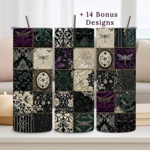 Rivestimento gotico per bicchiere termico, 20 oz PNG, patchwork, libellula, design per sublimazione, download digitale