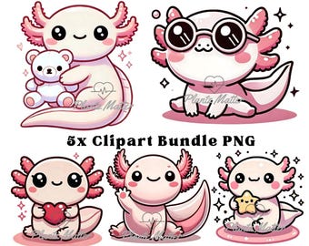 Axolotl Clipart PNG Bundle, Kawaii Animal Sublimation, Salamander, Digital Download