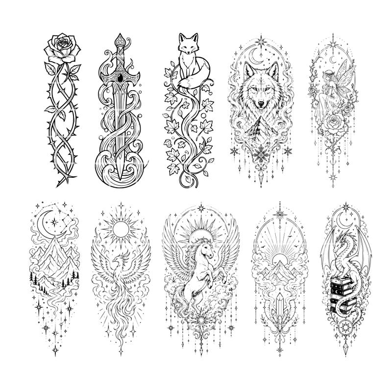 May include: A collection of ten black and white line art illustrations featuring a rose with thorns, a sword, a fox, a wolf, a fairy, a mountain landscape, a phoenix, a winged horse, a crystal, and a dragon perched on a stack of books.