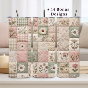 Copripiumino per tumbler, 20 oz PNG, stampa a sublimazione Cottagecore, motivo patchwork floreale, download digitale