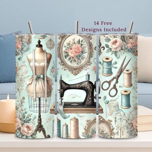 Envoltura para vaso de máquina de coser, PNG de 20 oz, diseño floral francés, descarga digital