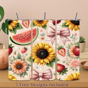 Wassermelone Becher PNG 20 Unzen Wraps Sublimation Sommer Vibes Obst Erdbeeren Druck Sonnenblume Muster Kokette Bogen Ihr Geschenk für Mädchen