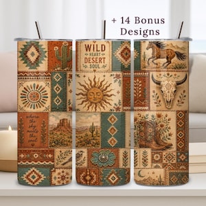 May include: Three stainless steel tumblers with lids and straws. Each tumbler features a patchwork design with desert and southwestern motifs, including cacti, a horse, and the text "Wild Heart Desert Soul".