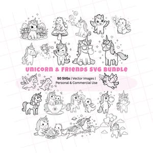May include: A collection of black and white unicorn and friend illustrations. The image includes various unicorns with accessories, such as sunglasses and wings, and other fantasy creatures. Text reads "Unicorn & Friends SVG Bundle".