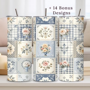 Flower Tumbler Wrap, 20oz PNG Design, Farmhouse Patchwork, Digital Download