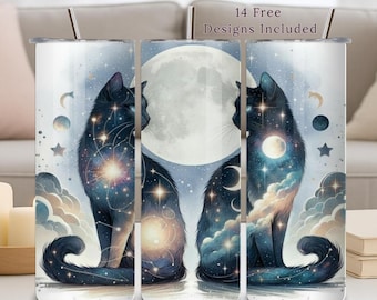 Adesivo Celestial para Copo Térmico, 590ml (20oz), PNG, Galáxia, Gatos, Lua e Estrelas, Design para Sublimação, Download Digital