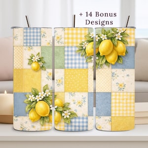 May include: Three stainless steel tumblers with lids and straws. Each tumbler features a patchwork design in yellow, blue, and green, with floral and lemon motifs. The text "+ 14 Bonus Designs" is visible at the top.