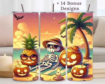 Summer Tumbler Wrap, 20oz PNG, Summerween  Halloween Sublimation Deigns, Skeleton, Digital Download