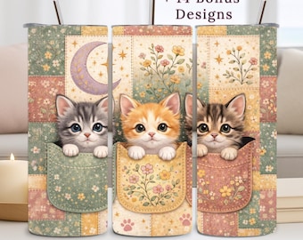 Diseño de vaso con diseño de gato, 20 oz, PNG, gatito, estilo cottagecore, diseño por sublimación, descarga digital.