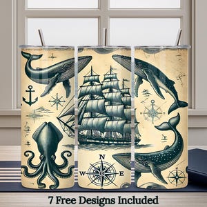 Ocean Tumbler Wrap 20 Unzen PNG Nahtlose Sublimation Nautische Großsegler Kunst Maritime Segelboot Design Fischer Ästhetisches Geschenk für Segler
