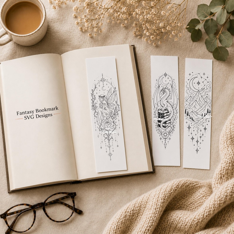May include: Three rectangular white bookmarks featuring black line art illustrations. One bookmark shows a fairy with a rose, another a dragon perched on books, and the third a mountain landscape with a crescent moon. The text reads Fantasy Bookmark SVG Designs.