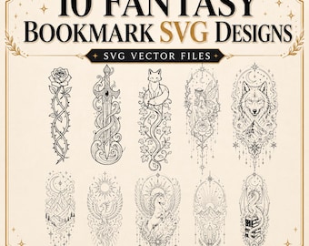 Puede incluir: Una colección digital de 10 diseños de marcapáginas de fantasía en formato SVG con ilustraciones de línea negra de una rosa, espada, zorro, hada, lobo, montañas, fénix, pegaso, cristal y dragón, etiquetada 10 FANTASY BOOKMARK SVG DESIGNS.