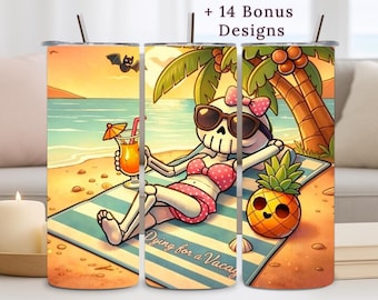Skeleton Tumbler Wrap, 20oz PNG, Summer Halloween, Summerween, Beach Design, Digital Download