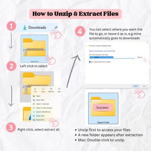 May include: An instructional graphic titled How to Unzip & Extract Files, featuring numbered steps 1 through 4. It displays icons of yellow folders with zippers, a right-click menu, and an extraction dialog box with the text Success! on a folder.