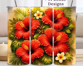 Opakowanie na kubek z motywem hibiskusa, 20 uncji, PNG, tropikalne kwiaty, letni wzór sublimacji, pobieranie cyfrowe