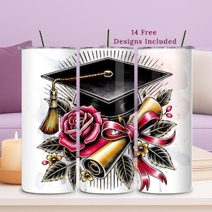 Graduation Tumbler Wrap, 20oz PNG, Black Cap, Diploma & Rose Design, Digital Download