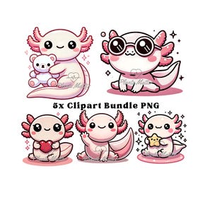 5x süßes Axolotl PNG Axolotl Clipart Kawaii Clipart Bundle Sublimation Axolotl Niedlich Baby Kinderzimmer Clip Art Teddy Salamander im japanischen Stil
