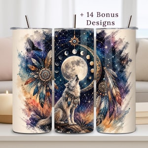 May include: Three cylindrical tumblers with straws featuring a watercolour design of a wolf howling at a full moon, moon phases, feathers, and a flying bird against a starry night sky. The text + 14 Bonus Designs is printed at the top.