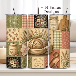 Könnte beinhalten: Drei isolierte Edelstahlbecher mit Deckel und Strohhalmen. Jeder Becher hat ein Patchwork-Design mit floralen, karierten und Brot-Themen-Illustrationen. Ein Becher hat den Text "+ 14 Bonus Designs". Die Becher sind mit Bildern von Brot, Mehl und Sauerteig verziert.