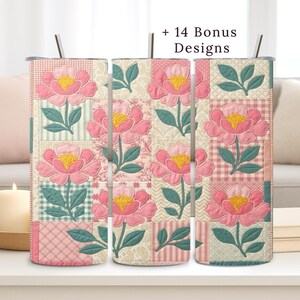 Flower Tumbler Wrap, 20oz PNG, Peony, Floral, Cottagecore, Faux Patchwork, Sublimation Design,  Digital Download