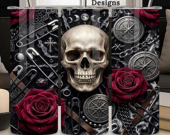 Gothic Skulls Tumbler Wrap PNG, 20oz Skinny Design, Roses, Digital Download