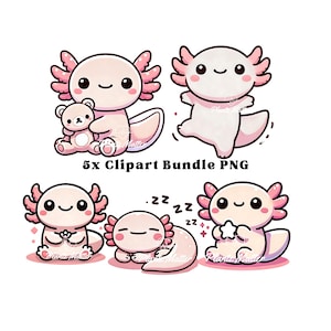 5 x schattige Axolotl PNG schattige Axolotl clipart kawaii clipart bundel Axolotl sublimatie partij PNG verjaardag PNG salamander clip art Japanse stijl