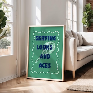 Retro Tennis Poster: Green and Navy Sport Art Print (Digital Download)