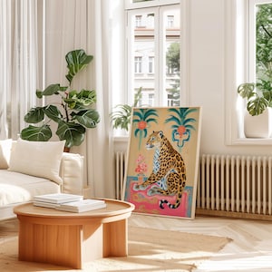Chinesische Malerei, Gepard Poster, Wabi Sabi Wandkunst, Leopard Poster, Südasiatische Kunst, Grandmillennial Print, Chinoiserie Chic, Island Luxe