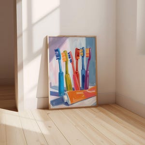 Dental Wall Art, Toothbrush Poster, Dentistry Print, Brush Your Teeth Art, Pediatric Dentist Bright and Colorful Poster, Quirky Bathroom Art