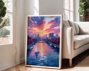 Boston Harbor Sunset Print: Skyline Cityscape, Sailing Art (Digital Download)