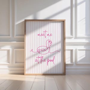 May include: Pink and white striped printable wall art with a pink line drawing of a flamingo pool float and the text "meet me at the pool".