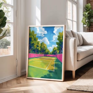 Pink Tennis Court Digital Art Print, Tennis Wall Art, Retro Sport Wall Poster, Grandmillennial Art, Trendy Tennis Aesthetic