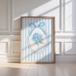 Hydrangea Wall Art Print: Vintage Blue Striped Floral (Digital Download)