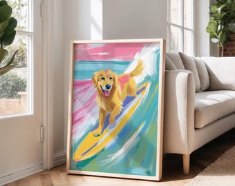 May include: A painting of a golden retriever dog surfing on a yellow surfboard in a blue and green ocean with pink and blue clouds in the background.