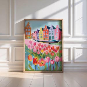 May include: A colourful painting of a canal scene with brightly coloured houses and a boat. The foreground features a field of pink tulips.