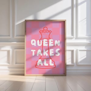 Pink Checkered Chess Poster: Queen Takes All Board Game Art (Digital Download)