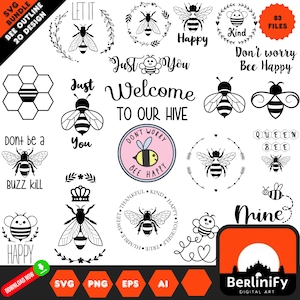 May include: A set of 20 black and white bee-themed SVG designs. The designs include bees, honeycombs, and text such as "Let It Bee", "Just You", "Welcome to Our Hive", "Don't Worry Bee Happy", and "Queen Bee".