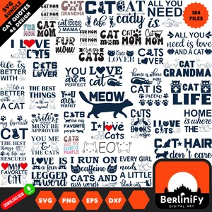 Könnte beinhalten: Eine Sammlung von 46 Katzen-SVG-Designs mit verschiedenen Sprüchen und Bildern. Die Designs beinhalten Sätze wie "Ich liebe Katzen", "Das Leben ist besser mit einer Katze", "Du liebst Katzen" und "Katzenmama". Die Designs sind perfekt für die Erstellung von T-Shirts, Tassen, Einkaufstaschen und anderen personalisierten Artikeln.