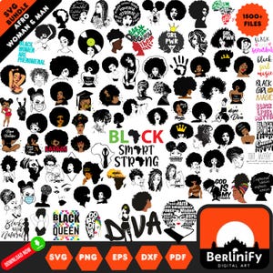Könnte beinhalten: Ein digitales Kunstpaket mit über 1500 SVG-Dateien, die schwarze Frauen mit Afro-Frisuren zeigen. Die Bilder beinhalten verschiedene Designs mit Text wie "Black Women Are Phenomenal", "Black Girl Magic", "Black Smart Strong" und "Diva".