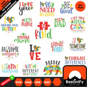 May include: A collection of colorful digital art designs with phrases like "I Love You," "Be Kind," and "Embrace Differences." The designs feature puzzle piece hearts and bear graphics, promoting autism awareness. Includes SVG, PNG, EPS, and DXF file formats.