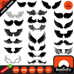May include: A set of 81 black and white angel wing SVG files for digital art and crafting projects. The wings are in various styles and sizes, perfect for creating unique designs.