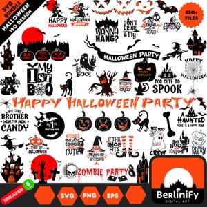 Könnte beinhalten: Eine Sammlung von Halloween-Designs im SVG-Format. Das Bild zeigt verschiedene gruselige Elemente, darunter Kürbisse, Fledermäuse, Geister, Hexen und Spukhäuser. Der Text enthält "Happy Halloween Party". Das Design-Bundle enthält über 550 Dateien.