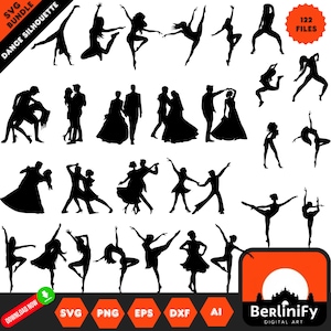 Peut inclure: Un ensemble de 122 fichiers SVG de silhouettes noires de personnes dansant. Les silhouettes comprennent des couples dansant, des danseurs en solo et des danseurs de ballet. Les fichiers sont parfaits pour créer des designs personnalisés pour des invitations, des cartes et d'autres projets.