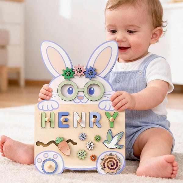 Quebra-cabeça personalizado com nome de coelhinho, quadro sensorial personalizado para crianças, brinquedo de coelhinho da Páscoa, presente de Páscoa para crianças, presente de aniversário de 1 ano para menino