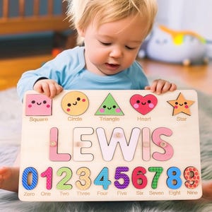 Quebra-cabeça personalizado com nome de bebê, quadro de atividades personalizado para crianças, quebra-cabeça de aprendizagem precoce, presente de aniversário para crianças, presente de 1º aniversário, presente de brinquedo de madeira para bebês