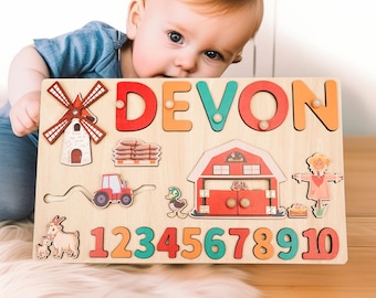 Personalized Baby Name Puzzle, Custom Kids Busy Board, Early Learning Puzzle, Baby Birthday Gift, Kids Christmas Gift, Wood Baby Farm Puzzle