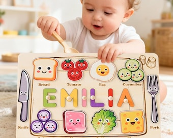 Personalisiertes Baby Namenspuzzle, personalisierte Kinder Essen beschäftigt Board, Babyzimmer Dekor aus Holz, Baby Geburtstagsgeschenk, Babypartygeschenk, 1
